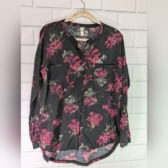 Lole Black/Pink Abstract Floral Button Down Top - Picture 2 of 5